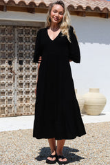 Lellah Midi Dress - Shirred Bodice Soft V Neck Tiered Dress in Black