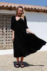 Lellah Midi Dress - Shirred Bodice Soft V Neck Tiered Dress in Black