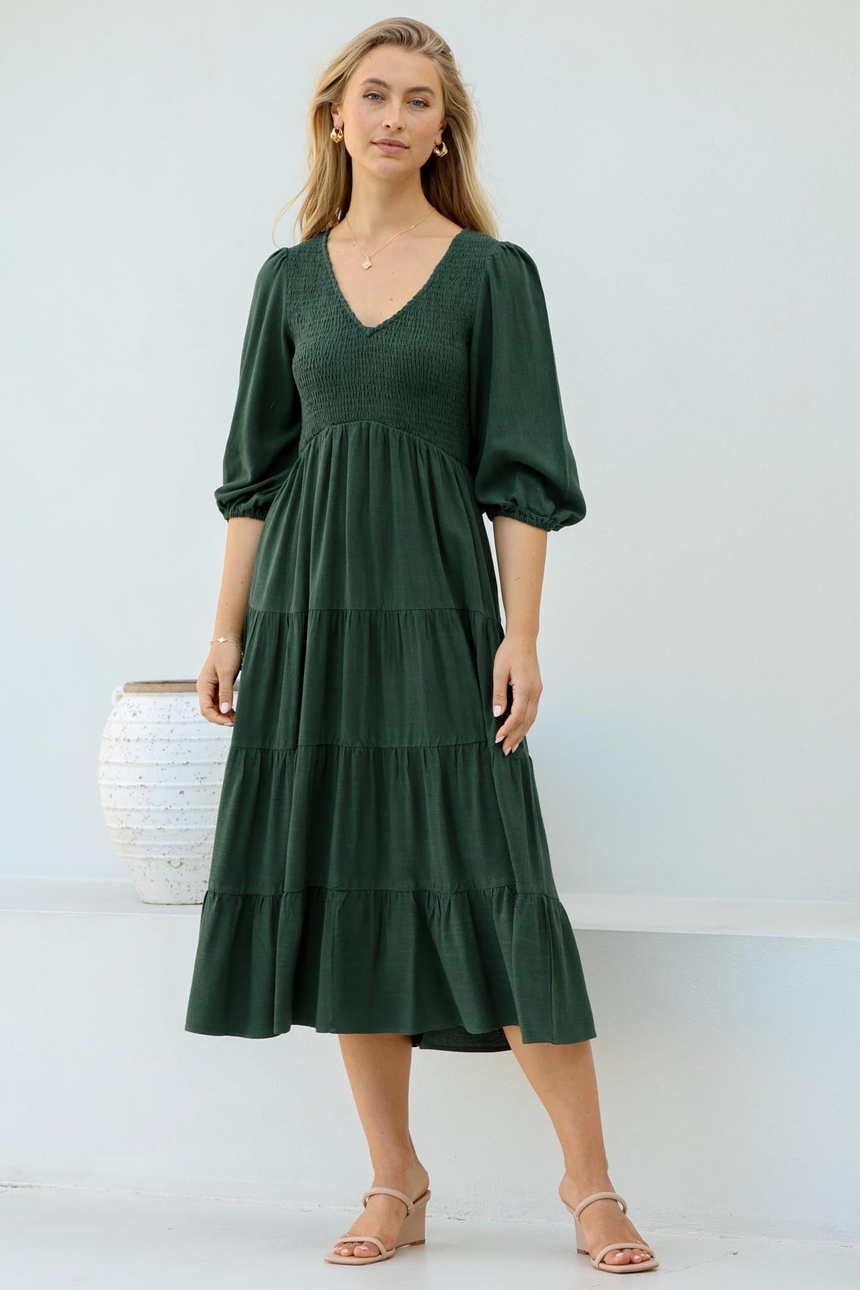 Lellah Midi Dress - Shirred Bodice Soft V Neck Tiered Dress in Green