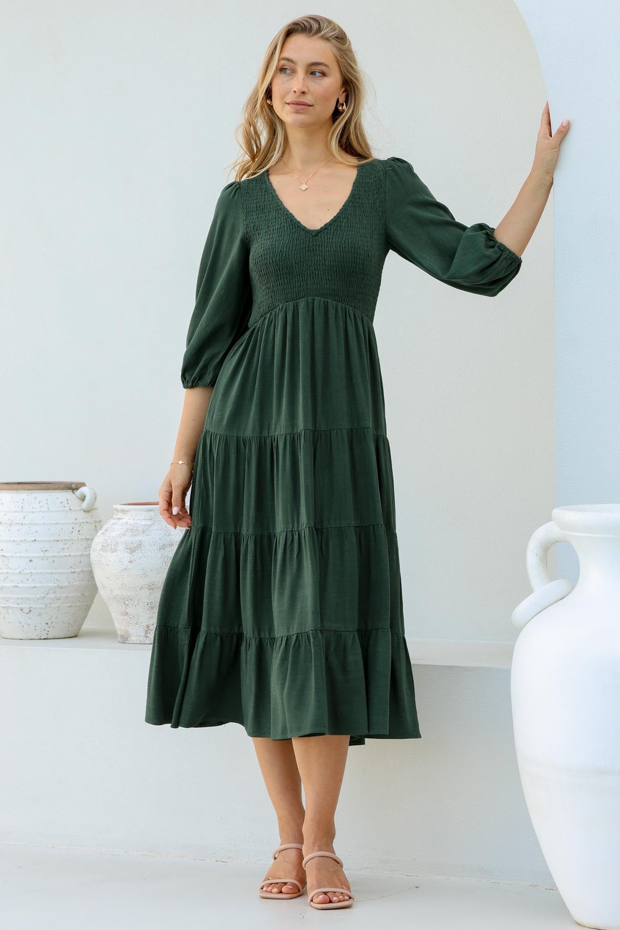 Lellah Midi Dress - Shirred Bodice Soft V Neck Tiered Dress in Green