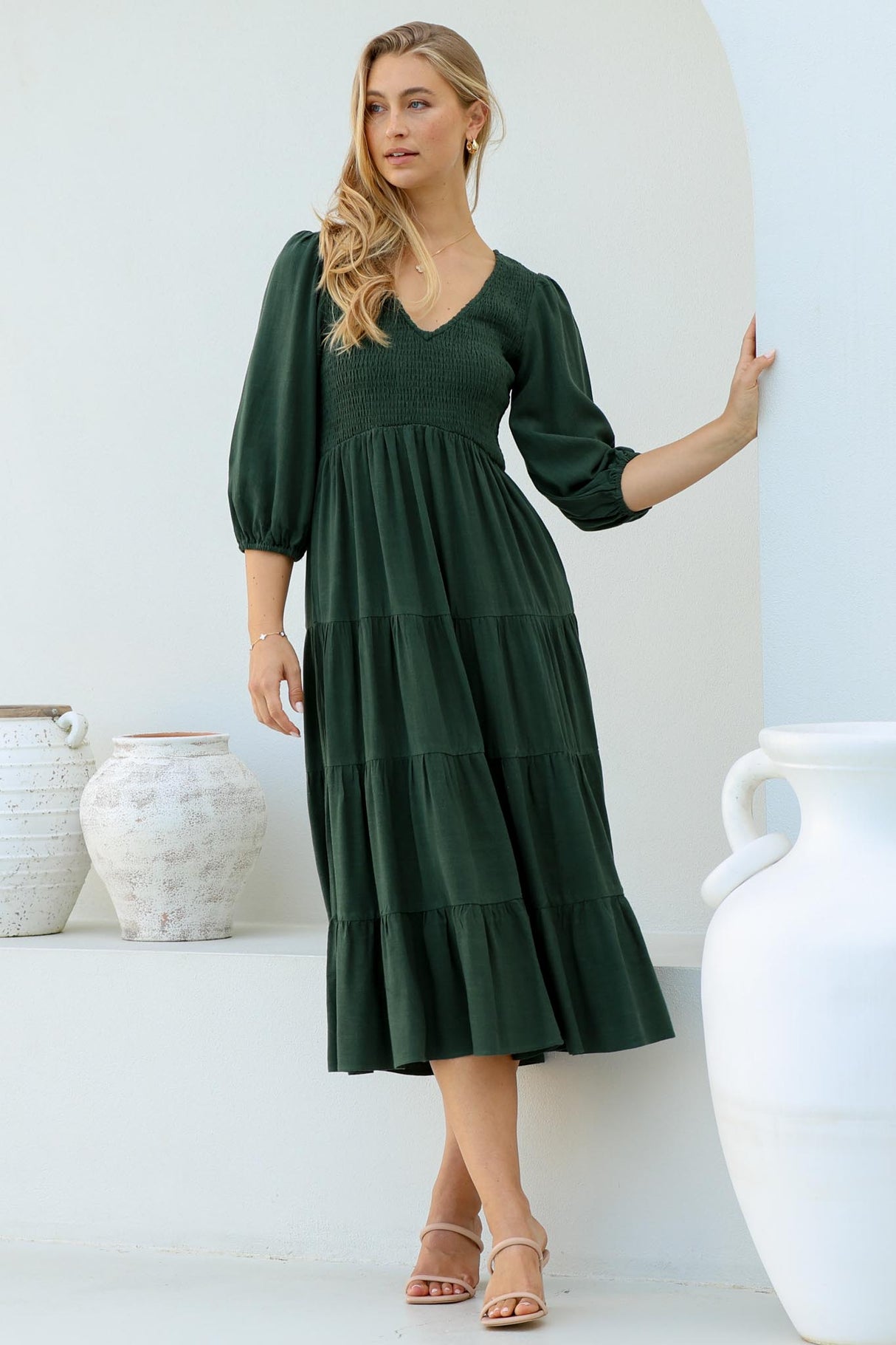 Lellah Midi Dress - Shirred Bodice Soft V Neck Tiered Dress in Green