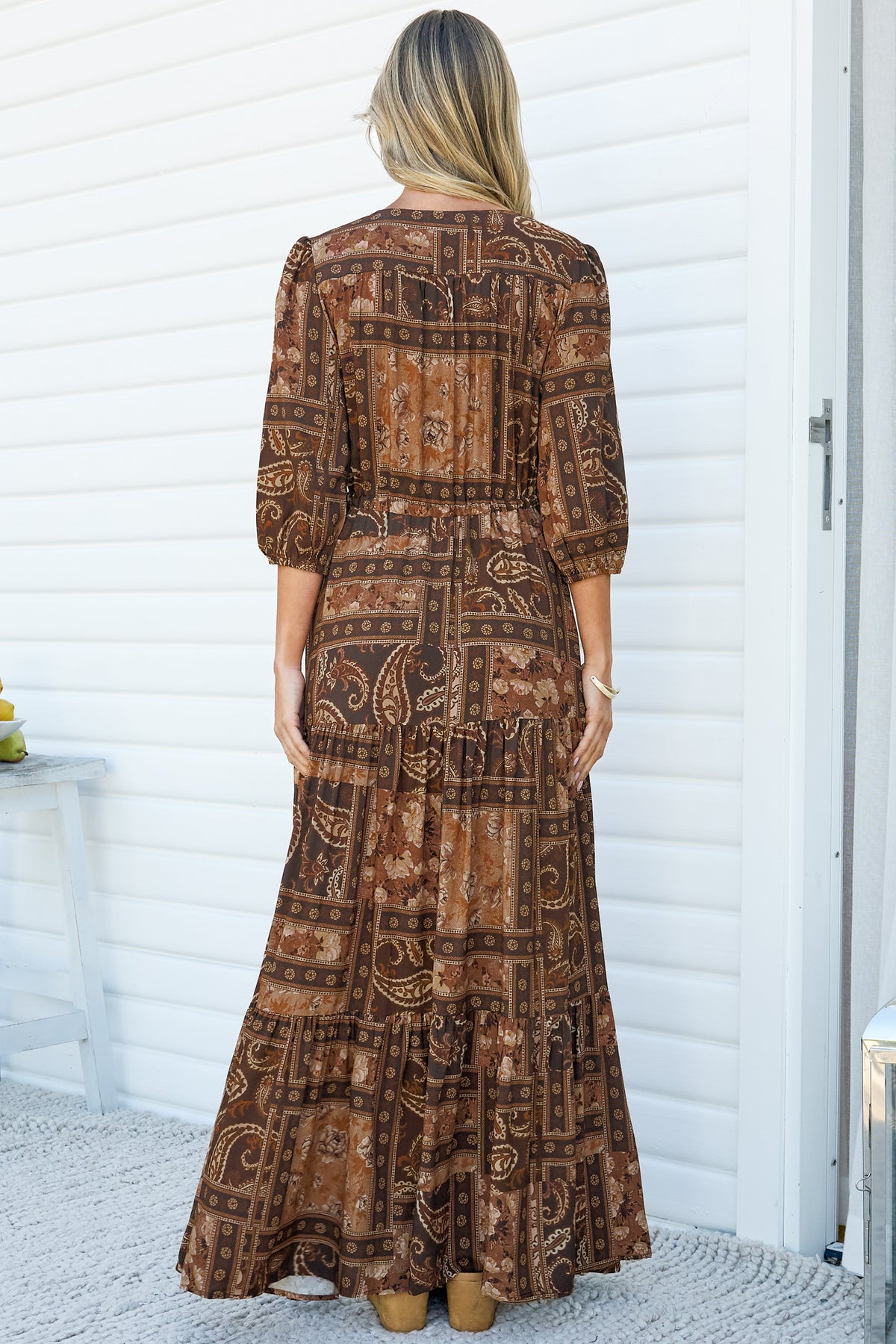 Lenna Maxi Dress - V Neck 3/4 Sleeve A-Line Dress with Pull Tie Waist and Front Split in Mahalla Print