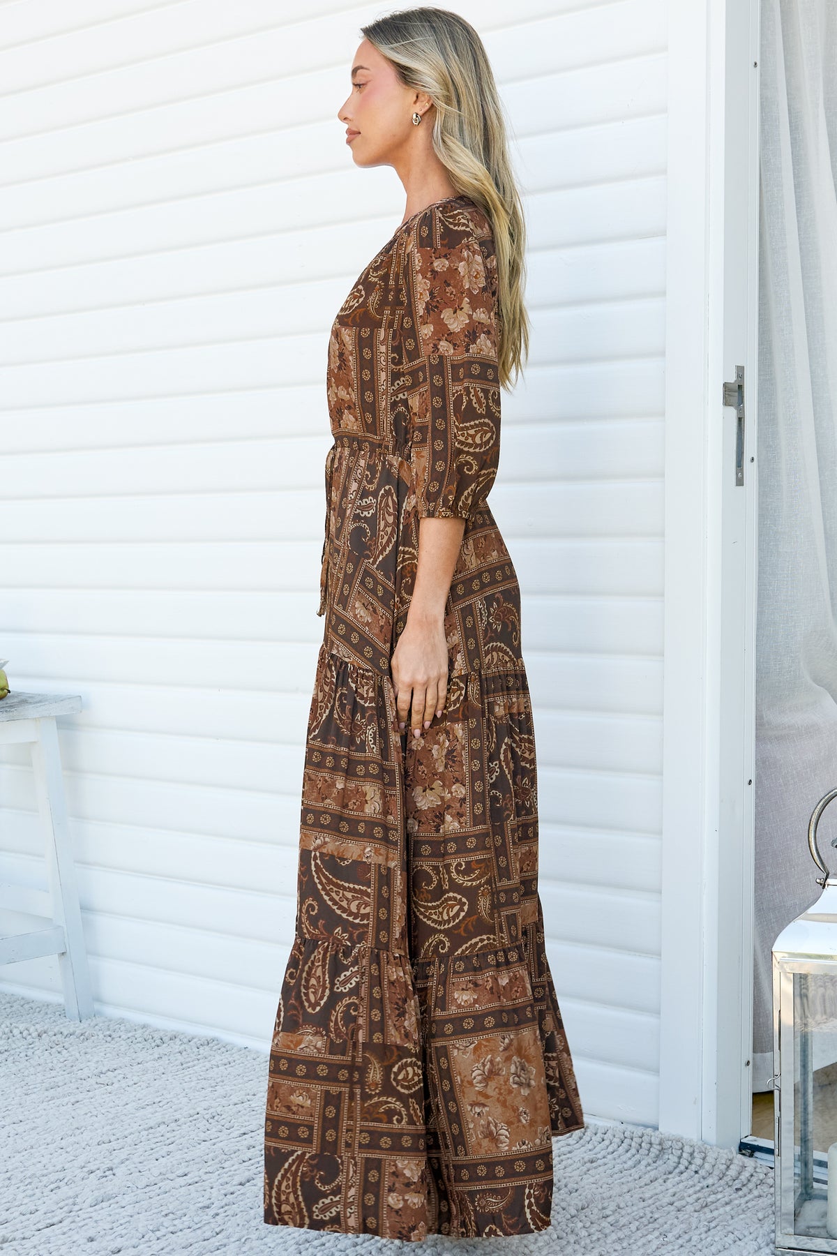 Lenna Maxi Dress - V Neck 3/4 Sleeve A-Line Dress with Pull Tie Waist and Front Split in Mahalla Print