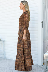 Lenna Maxi Dress - V Neck 3/4 Sleeve A-Line Dress with Pull Tie Waist and Front Split in Mahalla Print