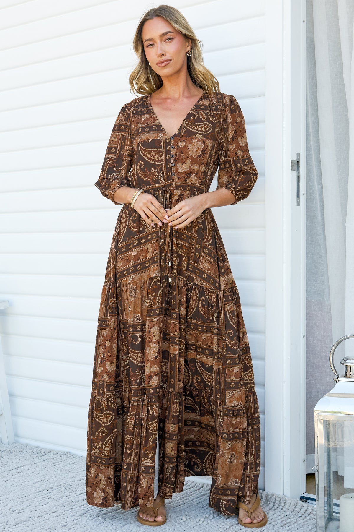 Lenna Maxi Dress - V Neck 3/4 Sleeve A-Line Dress with Pull Tie Waist and Front Split in Mahalla Print