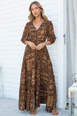Lenna Maxi Dress - V Neck 3/4 Sleeve A-Line Dress with Pull Tie Waist and Front Split in Mahalla Print