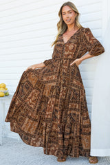 Lenna Maxi Dress - V Neck 3/4 Sleeve A-Line Dress with Pull Tie Waist and Front Split in Mahalla Print