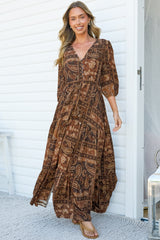 Lenna Maxi Dress - V Neck 3/4 Sleeve A-Line Dress with Pull Tie Waist and Front Split in Mahalla Print