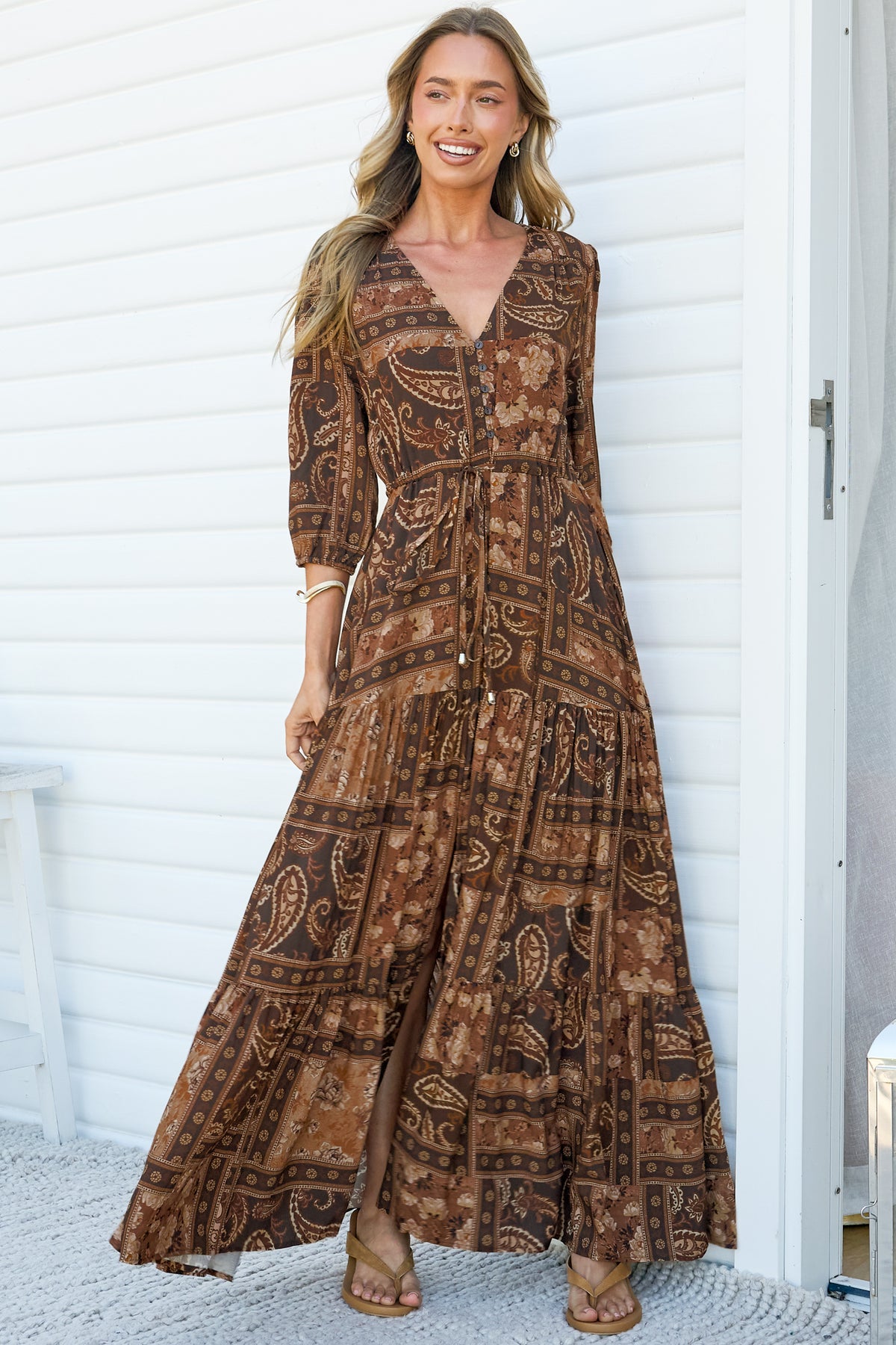 Lenna Maxi Dress - V Neck 3/4 Sleeve A-Line Dress with Pull Tie Waist and Front Split in Mahalla Print