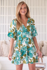 JAASE - Lenni Mini Dress: V Neck Button Down Dress with Balloon Sleeves in Amaya Print