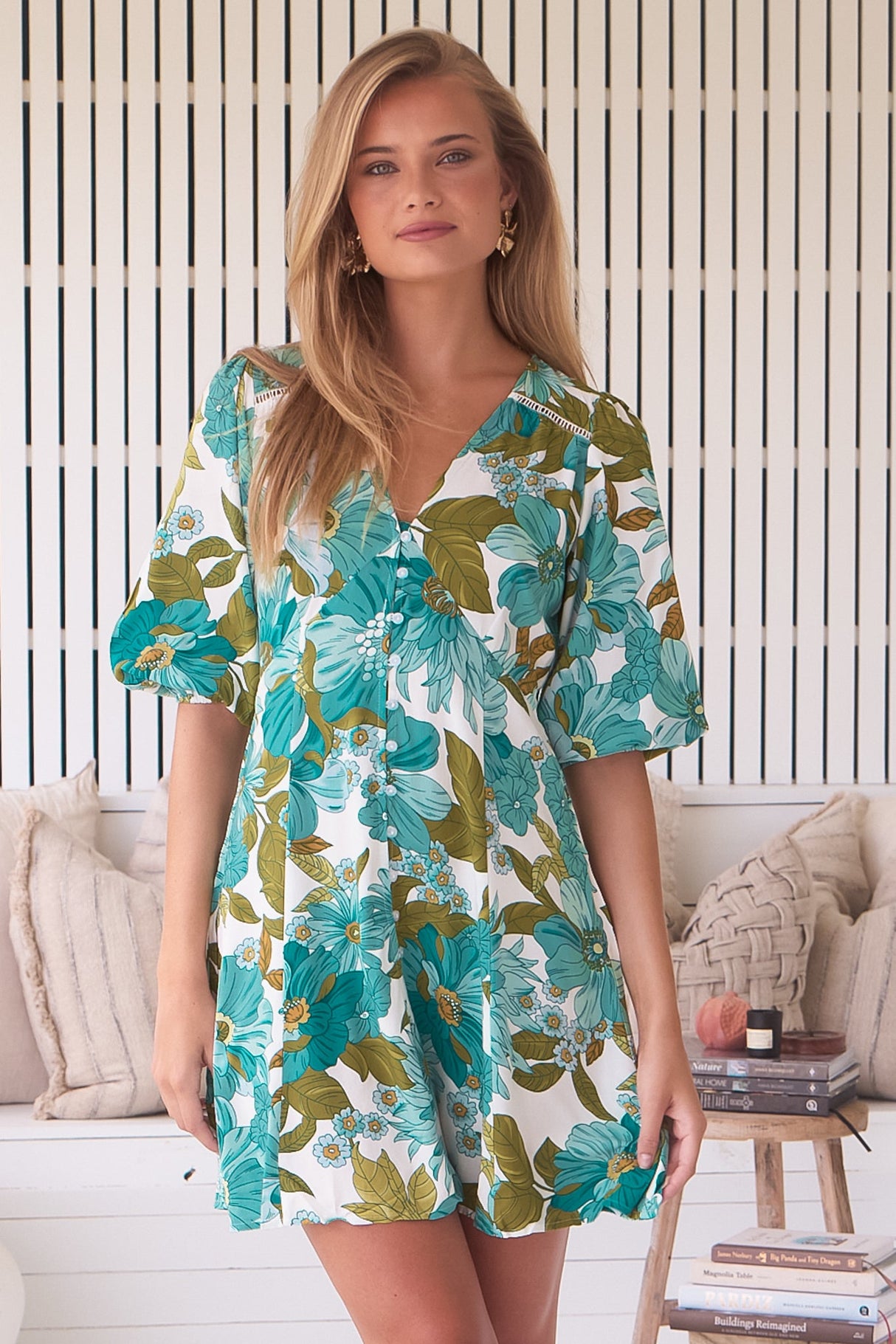 JAASE - Lenni Mini Dress: V Neck Button Down Dress with Balloon Sleeves in Amaya Print