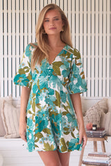 Lenni Mini Dress - V Neck Button Down Dress with Balloon Sleeves in Amaya Print