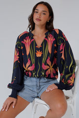 Lenny Top - Mandarin Collar Pull Over Top with Long Balloon Sleeves in Florine Print
