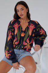 Lenny Top - Mandarin Collar Pull Over Top with Long Balloon Sleeves in Florine Print