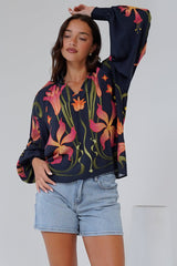 Lenny Top - Mandarin Collar Pull Over Top with Long Balloon Sleeves in Florine Print