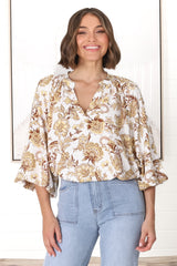 Leo Blouse - Pull Over Mandarin Collar Blouse in Jelena Print