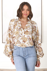 Leo Blouse - Pull Over Mandarin Collar Blouse in Jelena Print