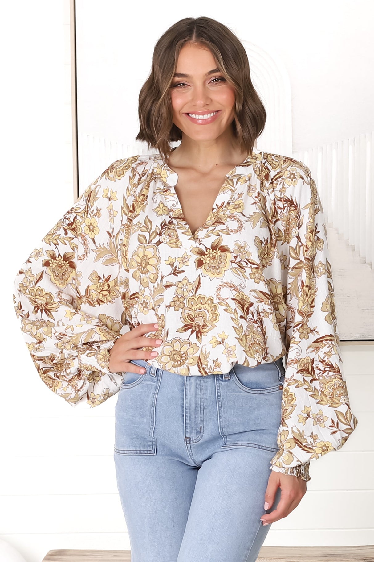 Leo Blouse - Pull Over Mandarin Collar Blouse in Jelena Print