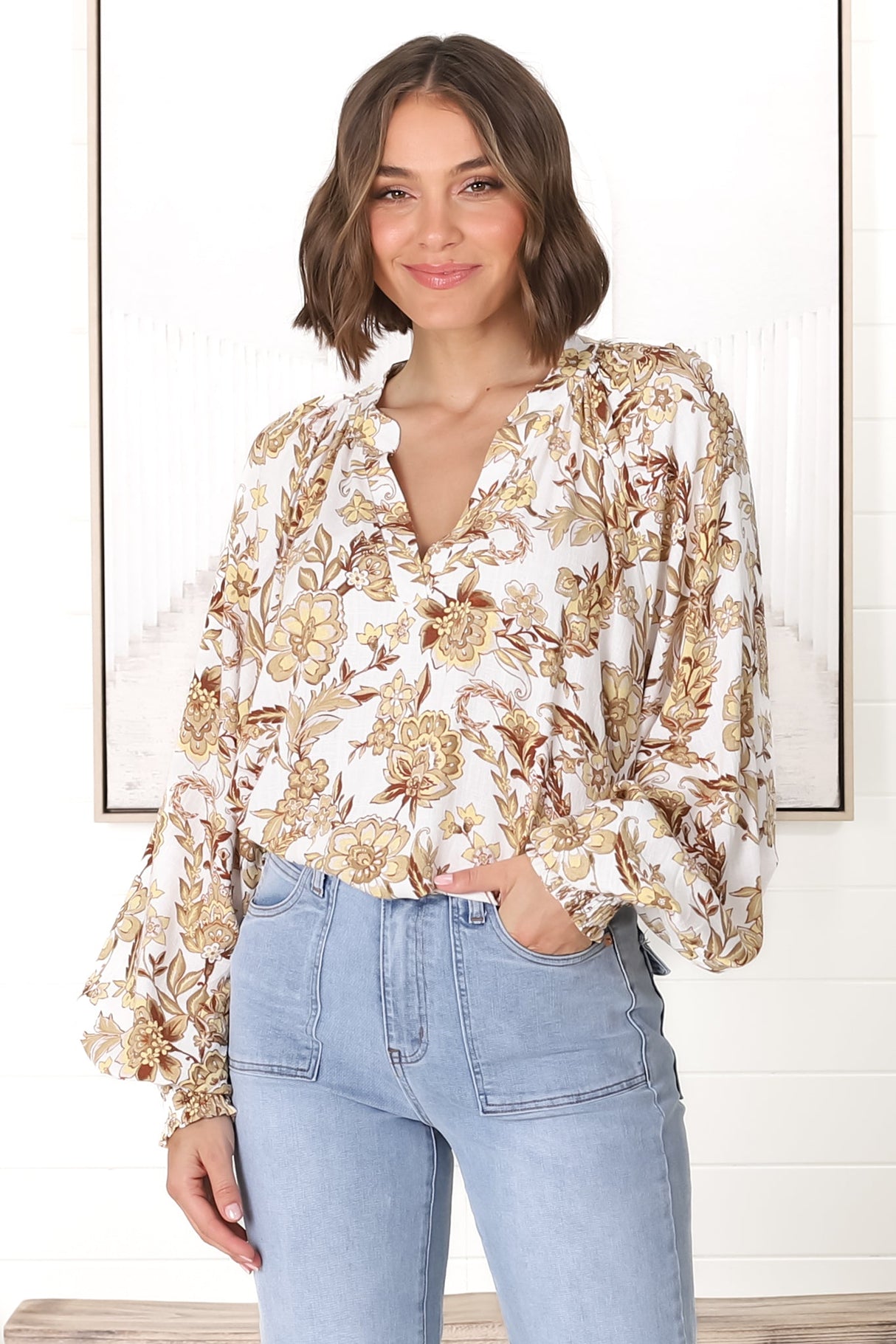 Leo Blouse - Pull Over Mandarin Collar Blouse in Jelena Print