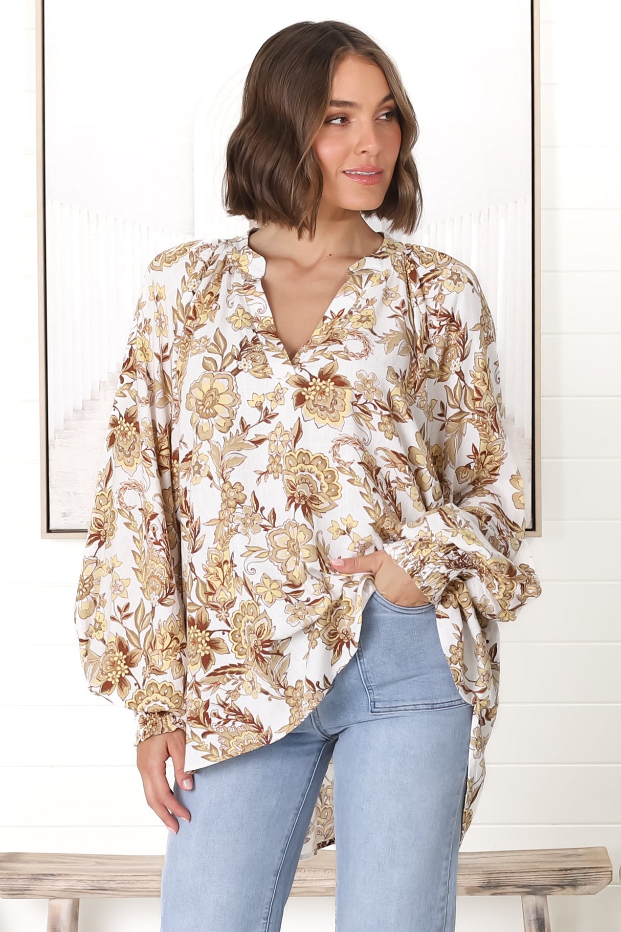 Leo Blouse - Pull Over Mandarin Collar Blouse in Jelena Print