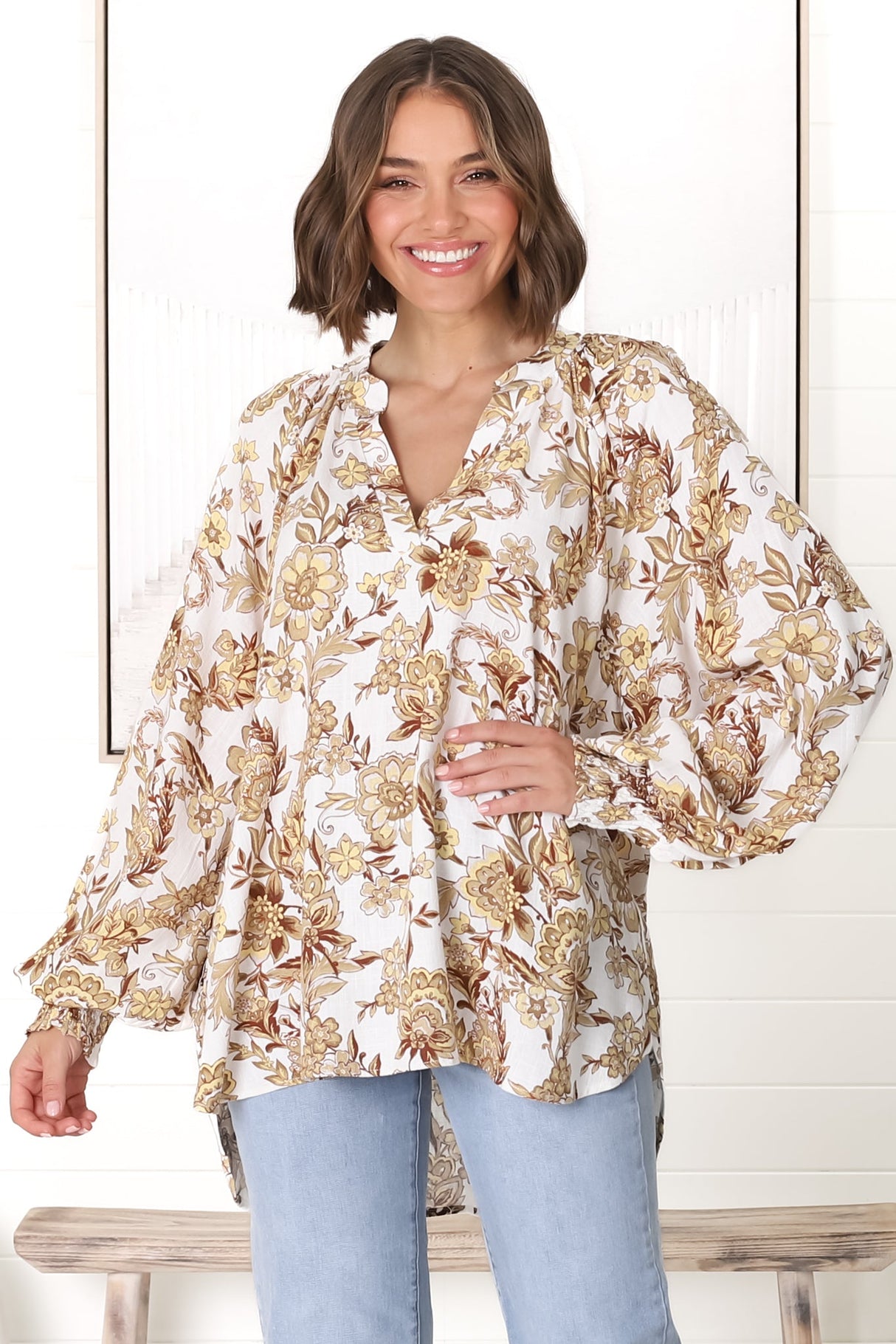 Leo Blouse - Pull Over Mandarin Collar Blouse in Jelena Print