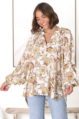 Leo Blouse - Pull Over Mandarin Collar Blouse in Jelena Print