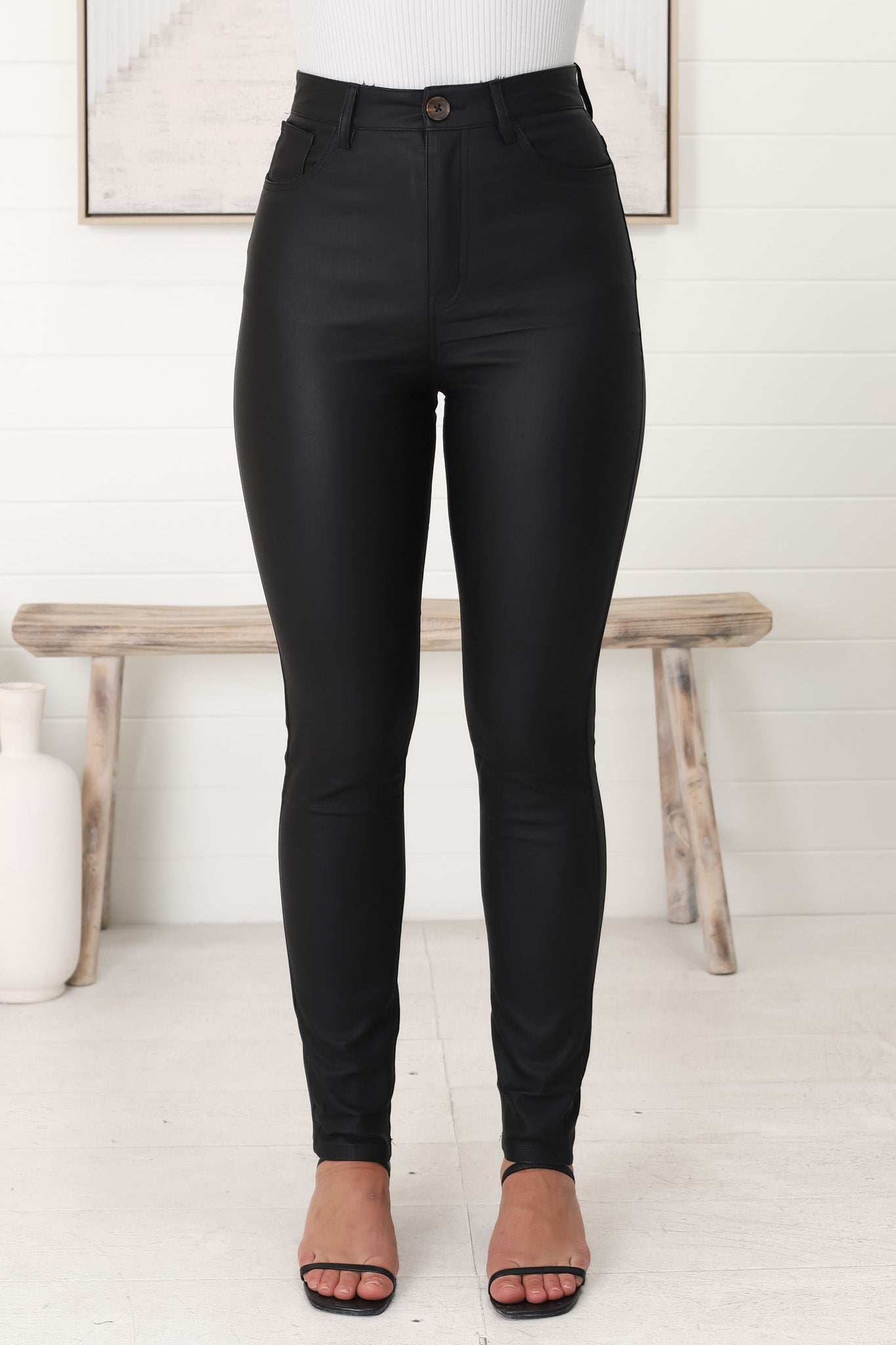 Leon Jeans - PU Wet Look Leather Skinny Leg Jeans in Black