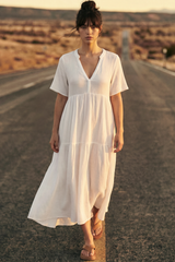 Laysa Maxi Dress - Mandarin Collar Short Sleeve Dress in White