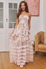 JAASE - Leora Salsa Maxi Dress: Strapless Lace Skirt Dress in Forever Enchanted Print