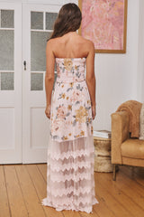 JAASE - Leora Salsa Maxi Dress: Strapless Lace Skirt Dress in Forever Enchanted Print