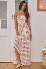 JAASE - Leora Salsa Maxi Dress: Strapless Lace Skirt Dress in Forever Enchanted Print