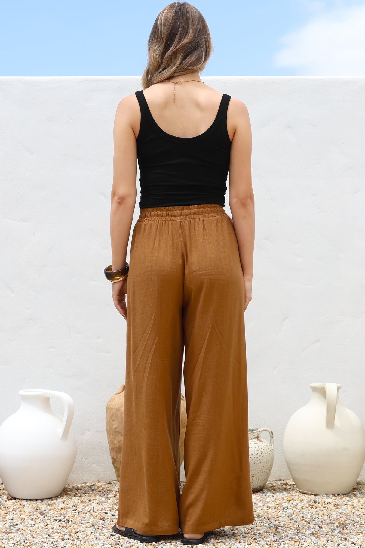 Leslie Linen Pants - Linen Elasticated Waist Straight Leg Pants in Terracotta