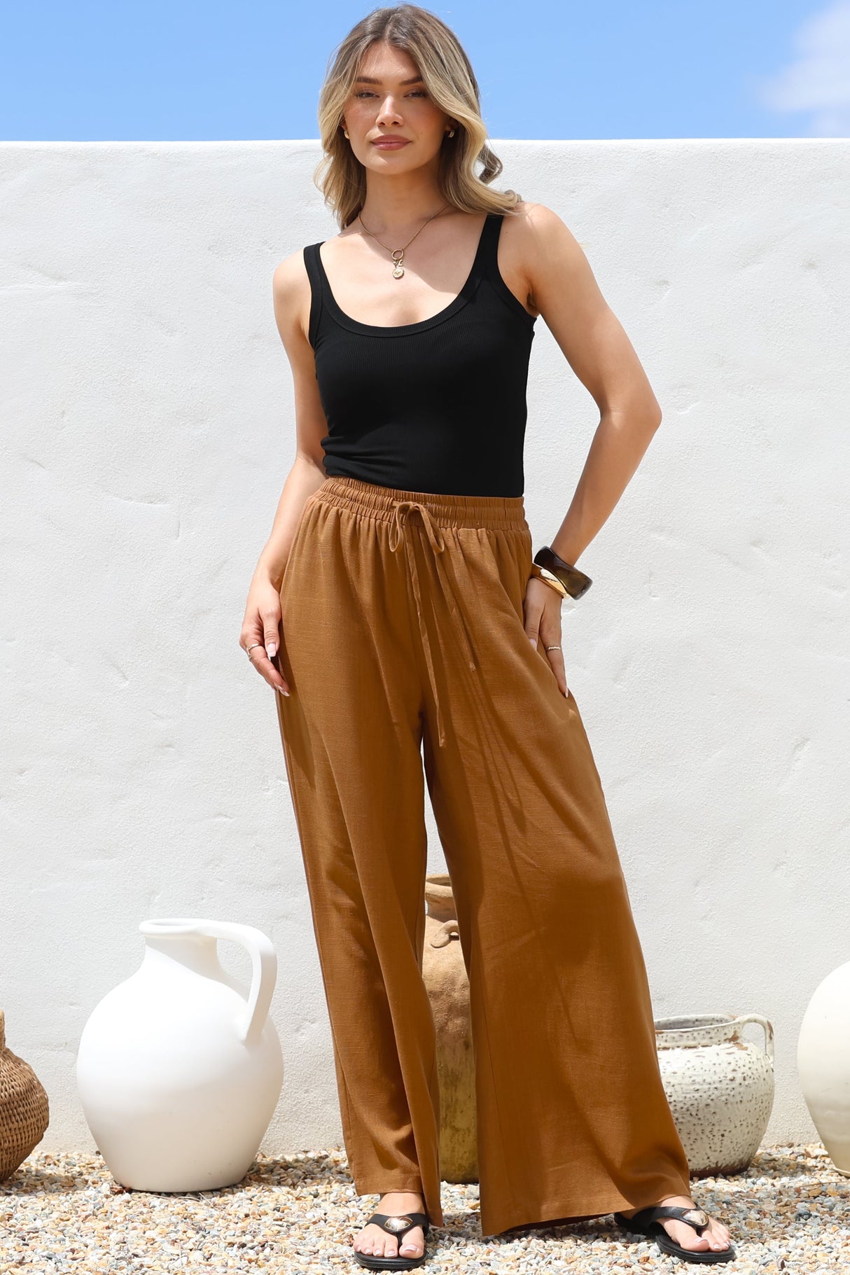 Leslie Linen Pants - Linen Elasticated Waist Straight Leg Pants in Terracotta