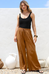 Leslie Linen Pants - Linen Elasticated Waist Straight Leg Pants in Terracotta