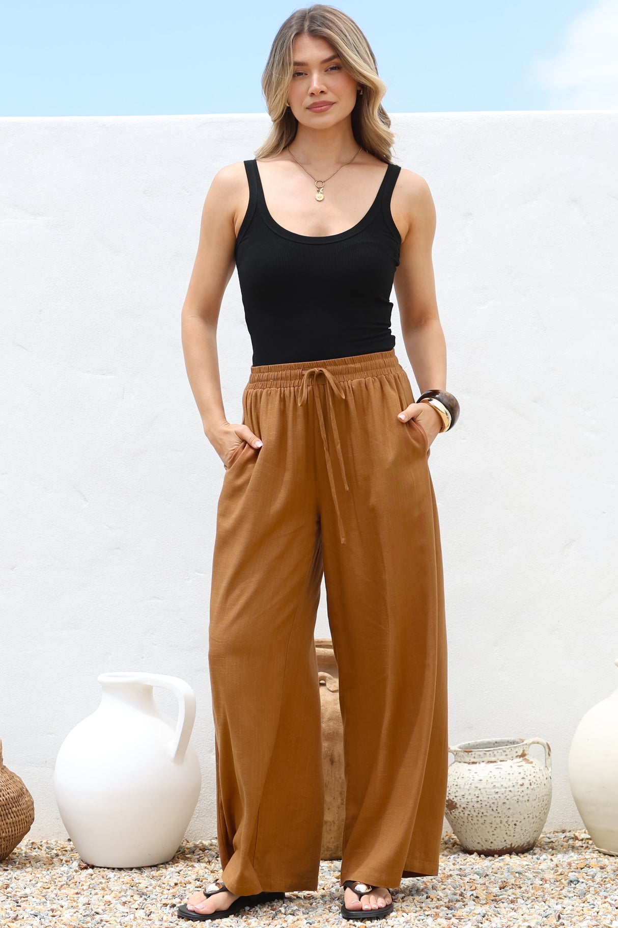 Leslie Linen Pants - Linen Elasticated Waist Straight Leg Pants in Terracotta