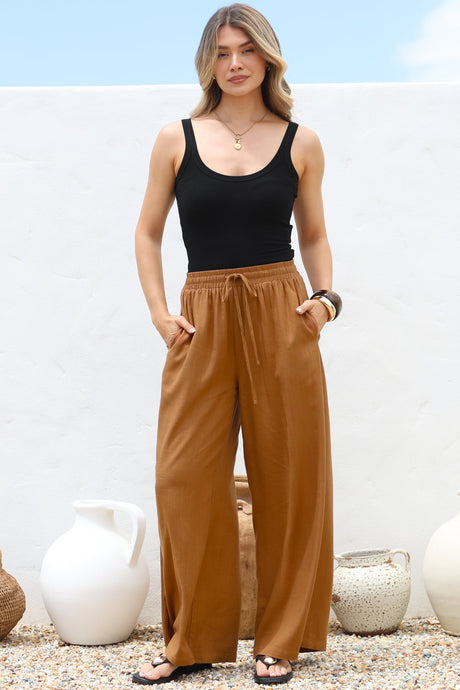 Leslie Linen Pants - Linen Elasticated Waist Straight Leg Pants in Terracotta
