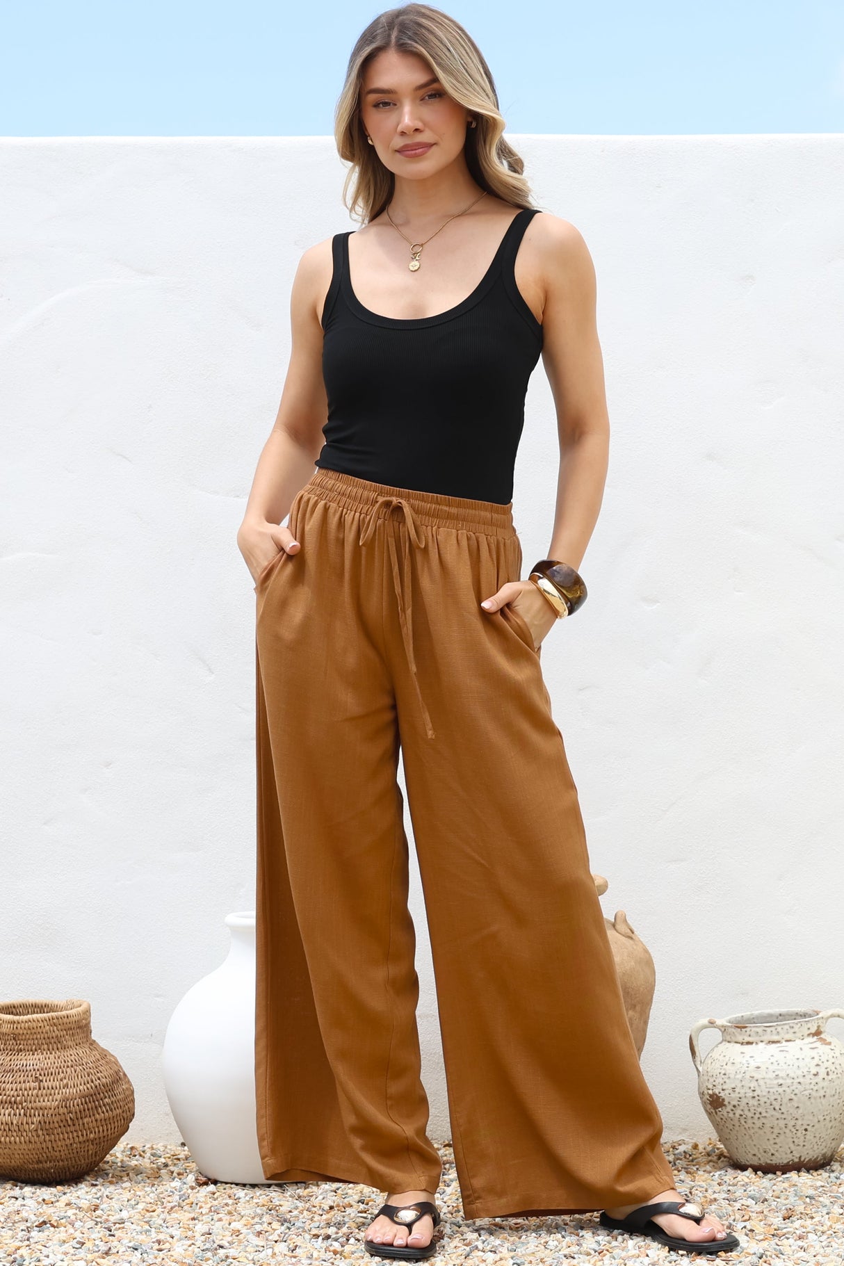 Leslie Linen Pants - Linen Elasticated Waist Straight Leg Pants in Terracotta