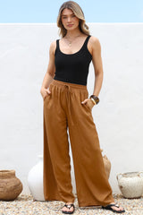 Leslie Linen Pants - Linen Elasticated Waist Straight Leg Pants in Terracotta