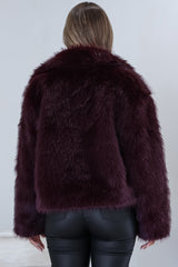 Letoile Coat - Notched Collar Faux Fur Jacket with Pockets in Burgundy