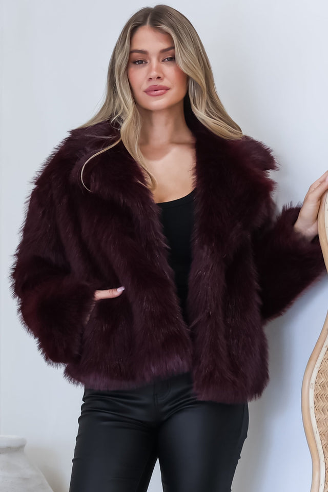 Model wearing Letoile Coat in Burgundy from Salty Crush