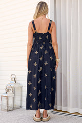 Lexah Maxi Dress - Embroidered A Line Dress with Pockets in Gigi Print Navy