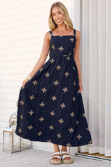 Lexah Maxi Dress - Embroidered A Line Dress with Pockets in Gigi Print Navy