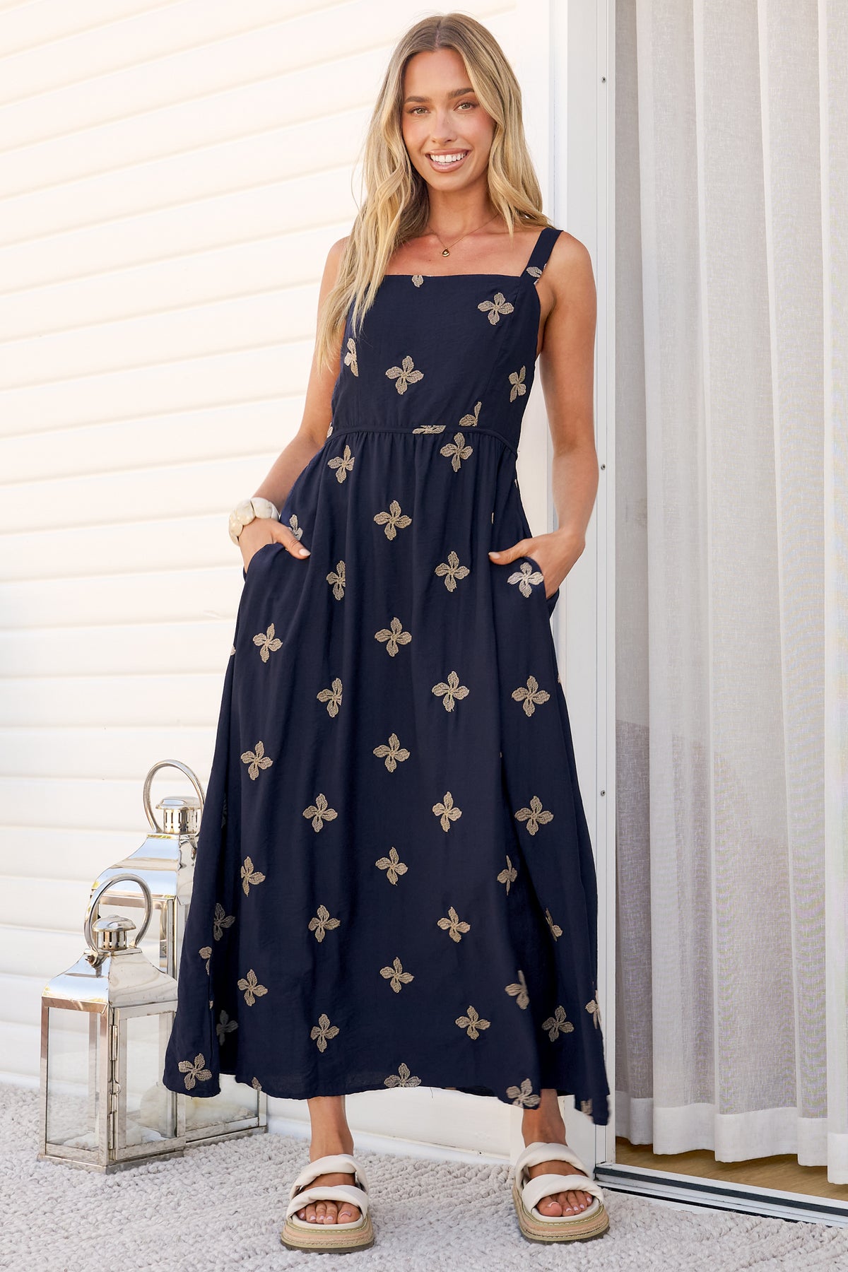 Lexah Maxi Dress - Embroidered A Line Dress with Pockets in Gigi Print Navy