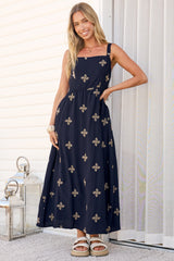 Lexah Maxi Dress - Embroidered A Line Dress with Pockets in Gigi Print Navy
