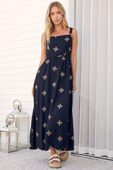 Lexah Maxi Dress - Embroidered A Line Dress with Pockets in Gigi Print Navy