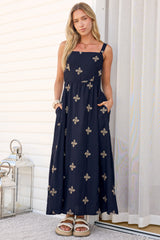 Lexah Maxi Dress - Embroidered A Line Dress with Pockets in Gigi Print Navy