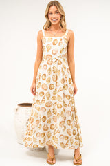 Lexah Maxi Dress - Embroidered A Line Dress with Pockets in Scallina Print Beige
