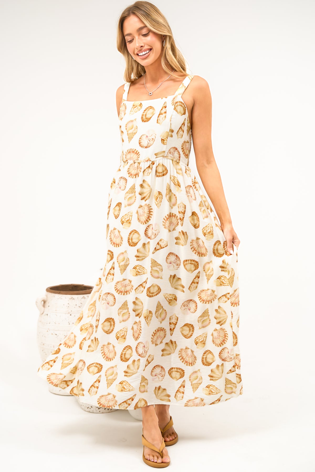 Lexah Maxi Dress - Embroidered A Line Dress with Pockets in Scallina Print Beige