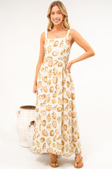 Lexah Maxi Dress - Embroidered A Line Dress with Pockets in Scallina Print Beige