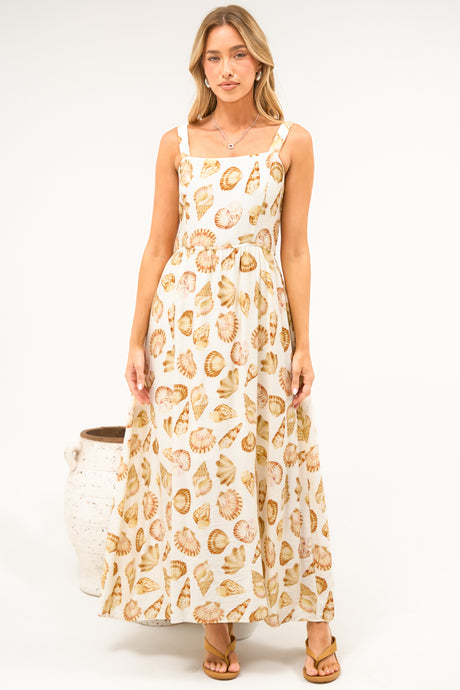 Lexah Maxi Dress - Embroidered A Line Dress with Pockets in Scallina Print Beige